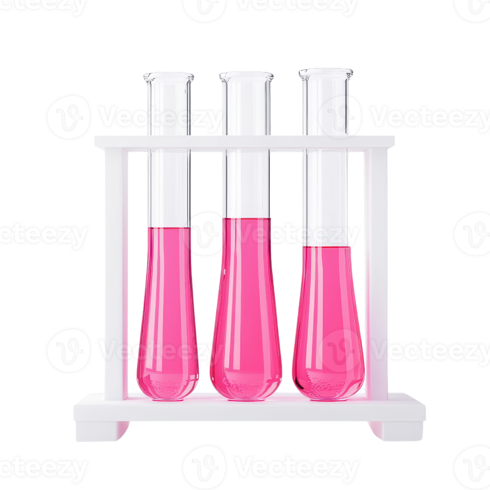 Three test tubes filled with vibrant pink liquid, standing upright in a white holder. png