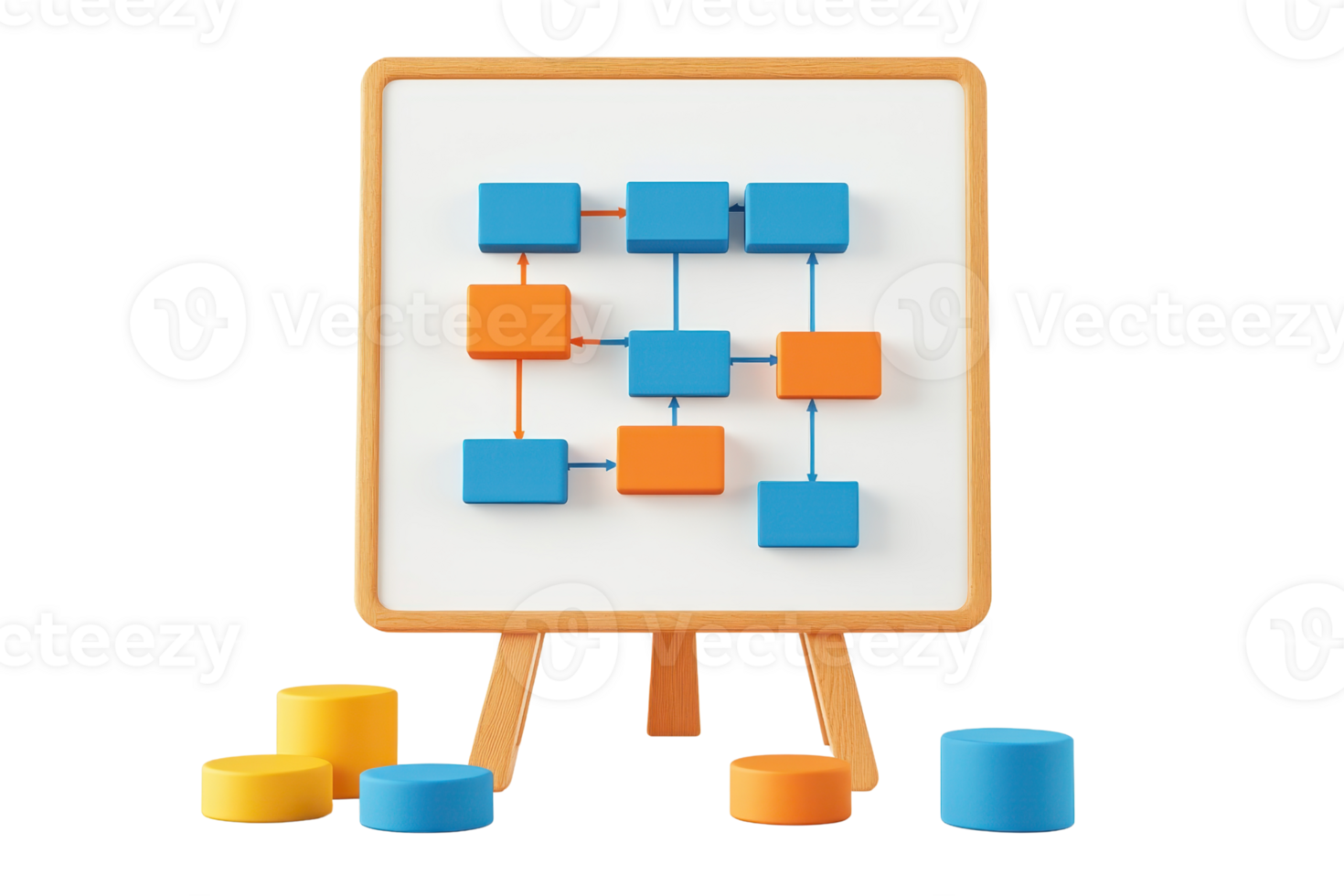 A colorful flowchart displayed on an easel, featuring blue and orange boxes connected by lines, alongside various colored circular tokens. png