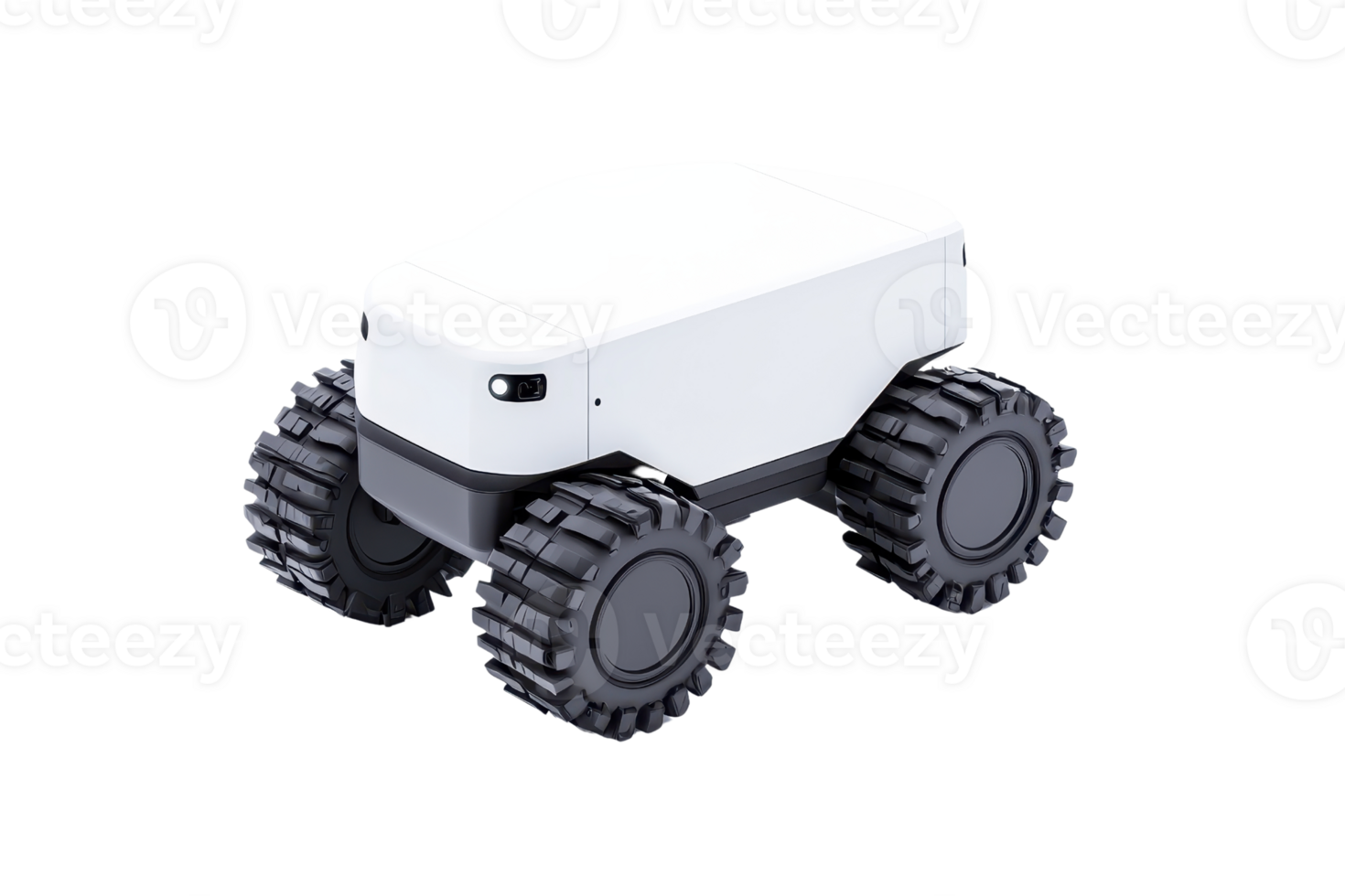 A compact, wheeled robot designed for mobility, featuring a sturdy body and rugged tires for versatile terrain navigation. png