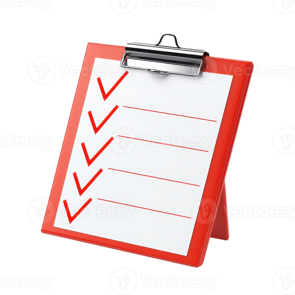 A red clipboard with a checklist featuring several red check marks next to empty lines. png