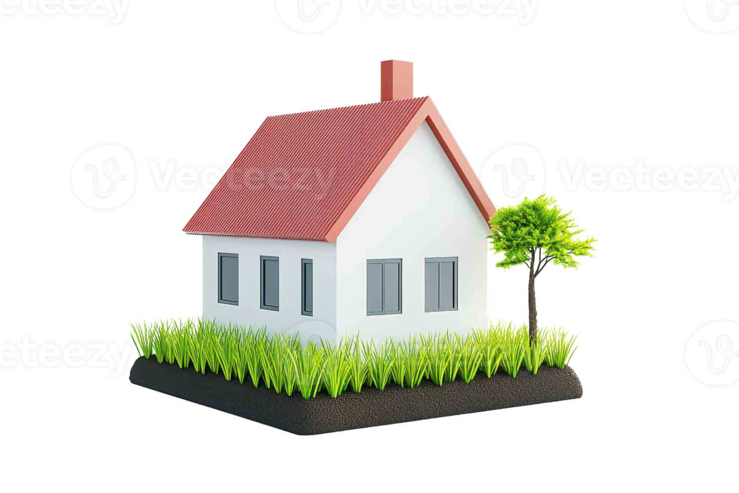 A small, charming house with a red roof, white walls, and a surrounding grassy area, complemented by a tree. png