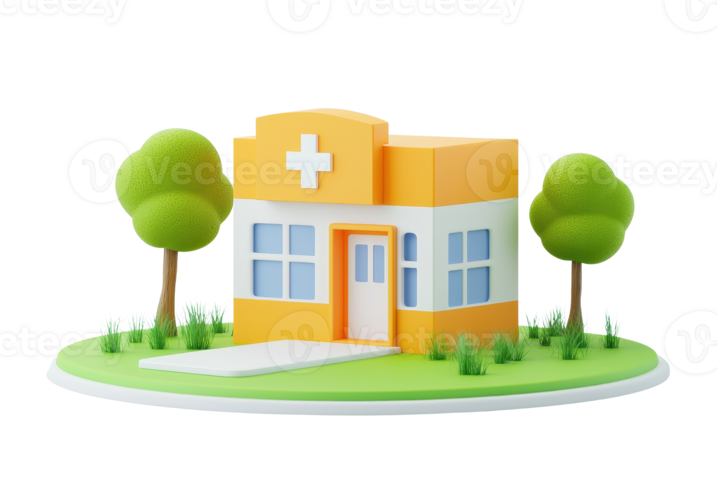 A colorful, stylized medical facility with a cross symbol, surrounded by grass and trees, designed in a playful, cartoonish manner. png