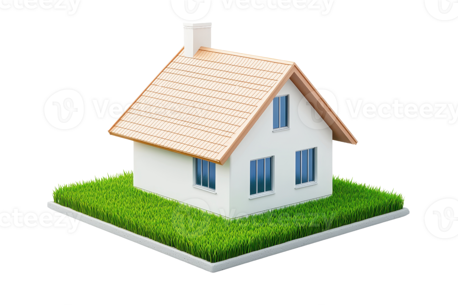 A small, charming house with a sloped roof, chimney, and green grass surrounding its base. png