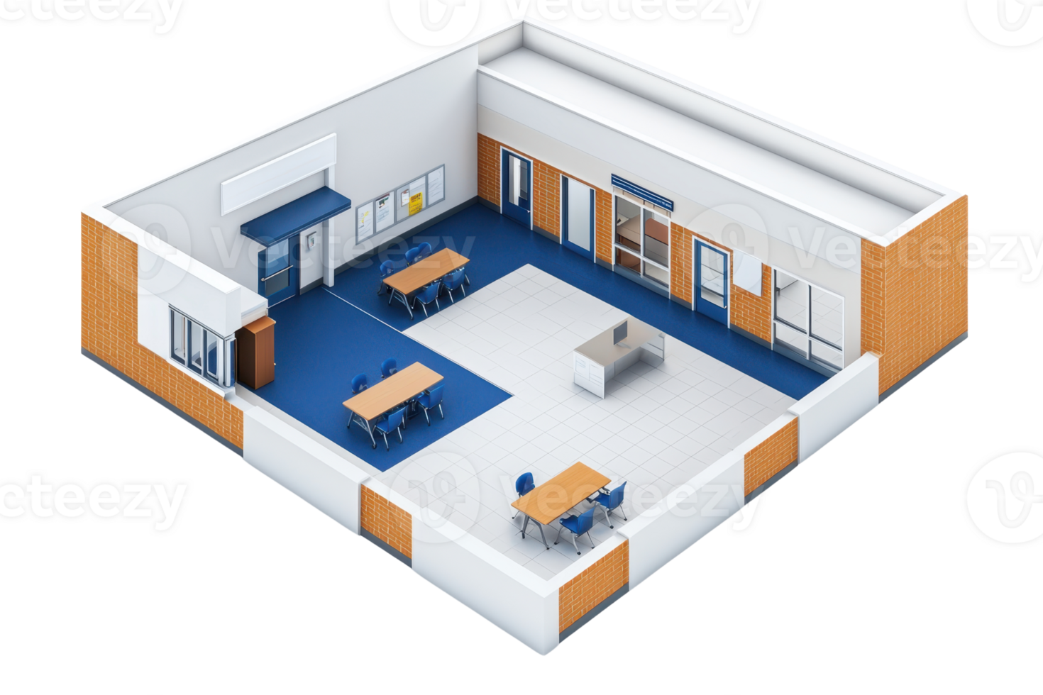A modern classroom featuring tables, chairs, and various educational materials, designed for collaborative learning. png
