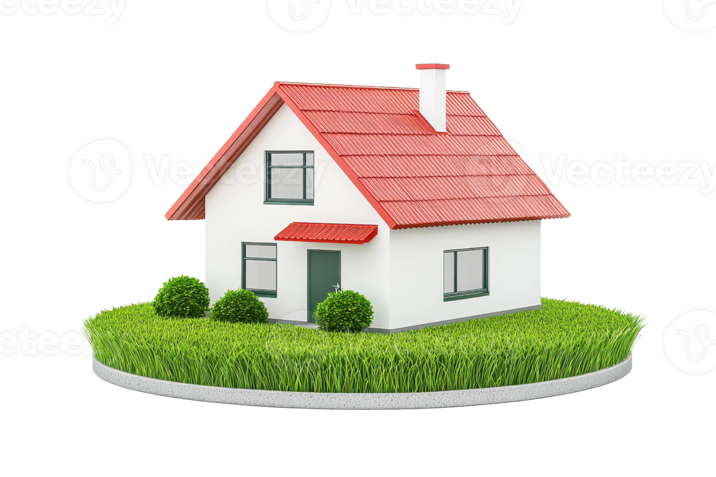 A charming house with a red roof, surrounded by green shrubs and grass, showcasing a welcoming entrance. png
