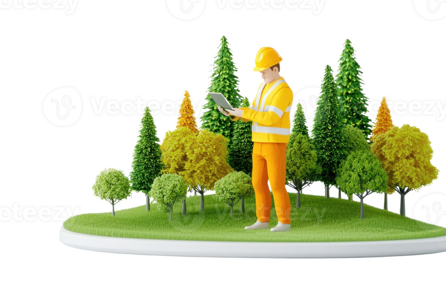 A construction worker in a yellow outfit stands on a grassy patch, surrounded by various trees, while using a device to assess the area. png