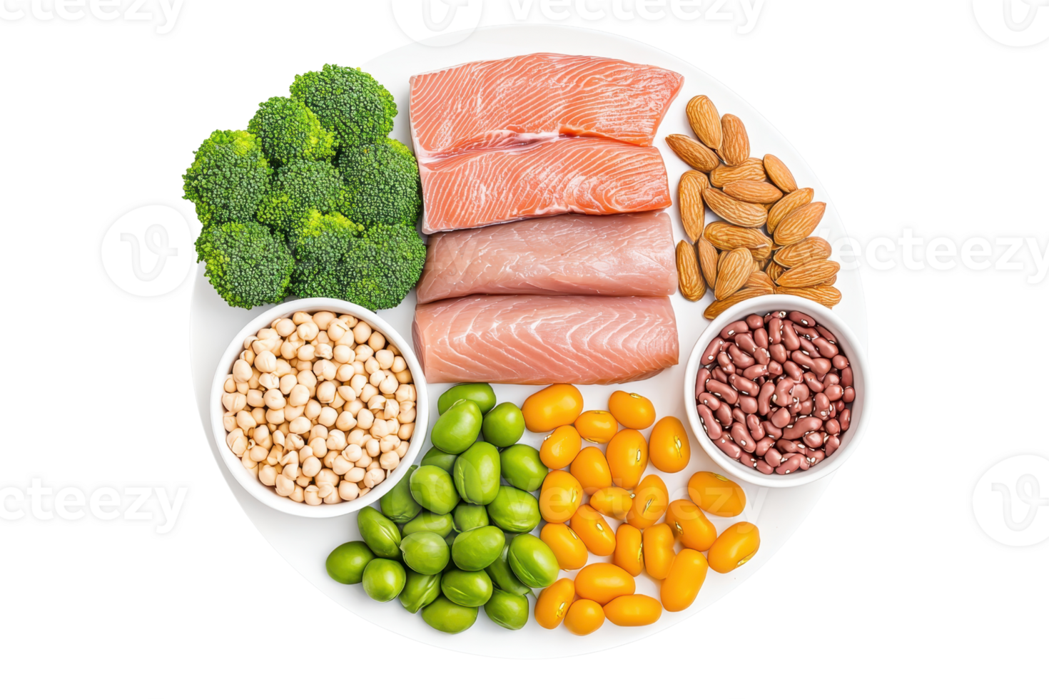 A plate filled with salmon, broccoli, almonds, and various legumes, showcasing a colorful array of nutritious foods. png