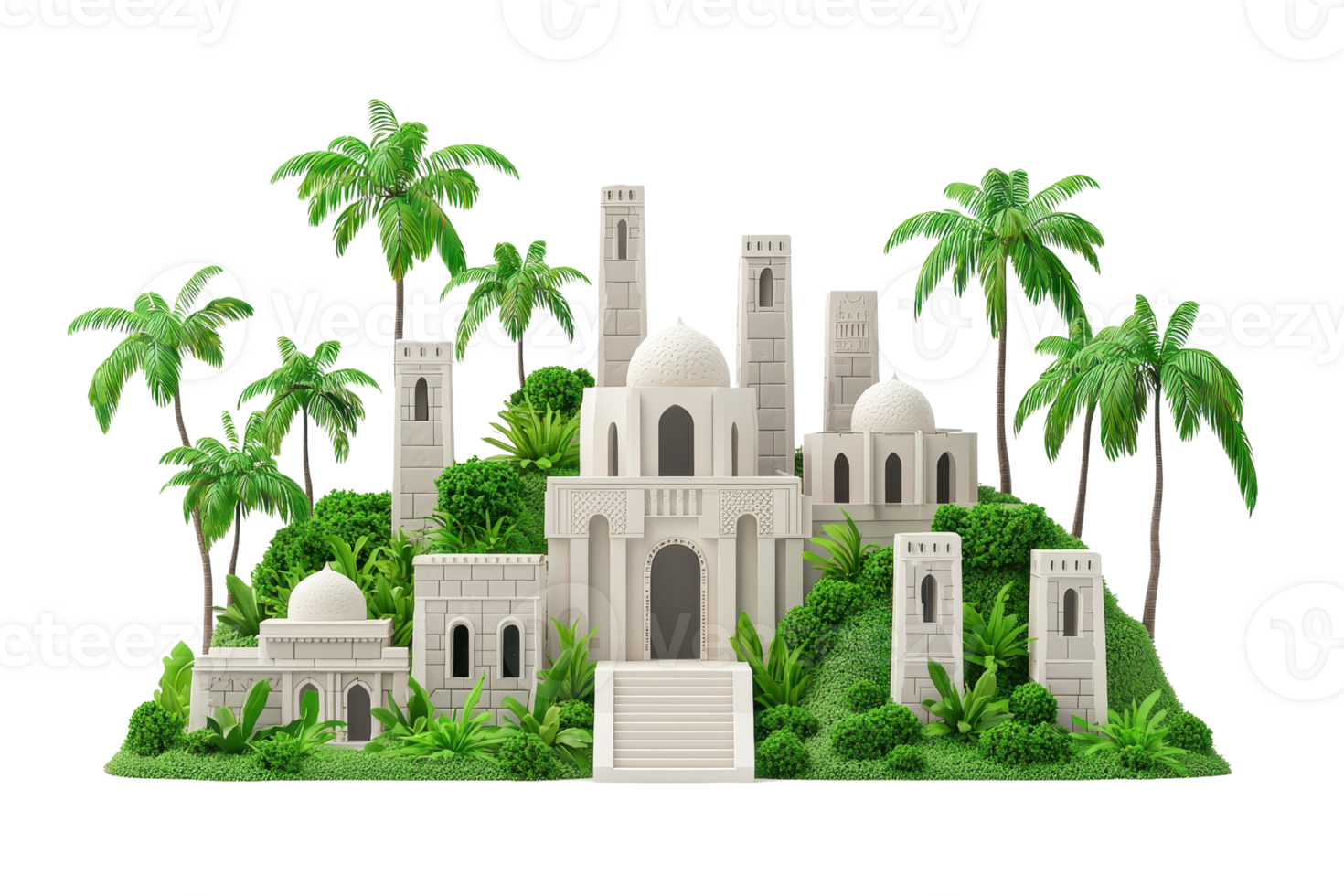 A detailed, architectural structure featuring domes, towers, and surrounded by lush greenery and palm trees. png