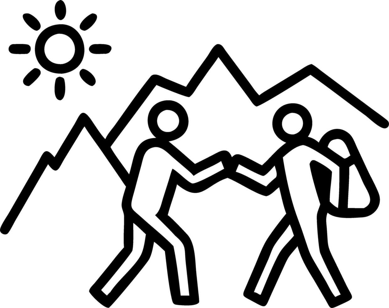 Couple Hiking in the Mountains During Golden Hour with Clear Sky vector