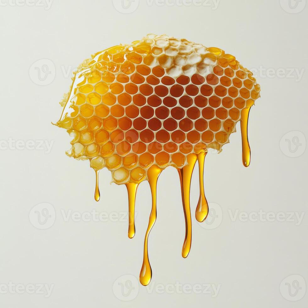 piece of honeycomb with golden honey dripping from hexagonal cells, showcasing natural beauty and sweetness of honey. image highlights intricate structure and rich color of honeycomb photo
