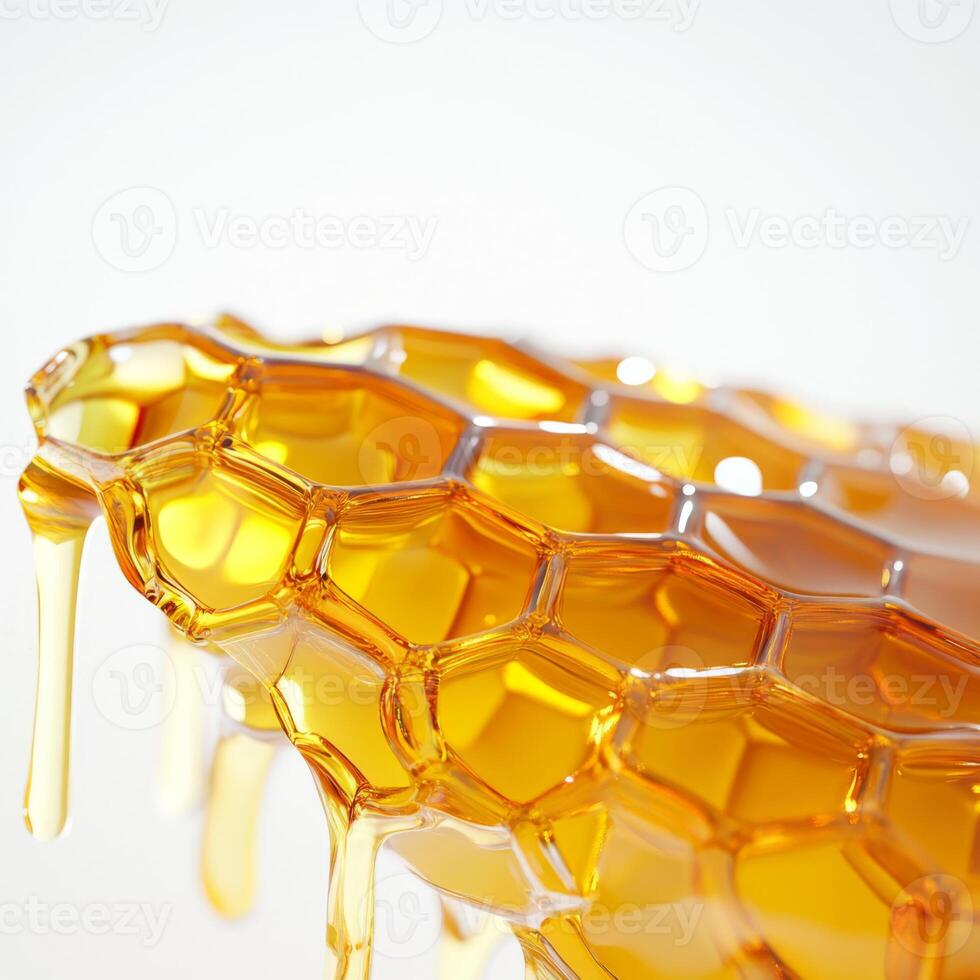Golden honeycomb dripping with fresh honey, showcasing its natural texture and rich color. close up highlights hexagonal pattern and viscous flow of honey photo