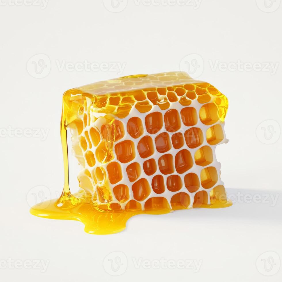 Golden honeycomb dripping with fresh honey on light background. hexagonal pattern and rich texture create natural and appetizing visual photo