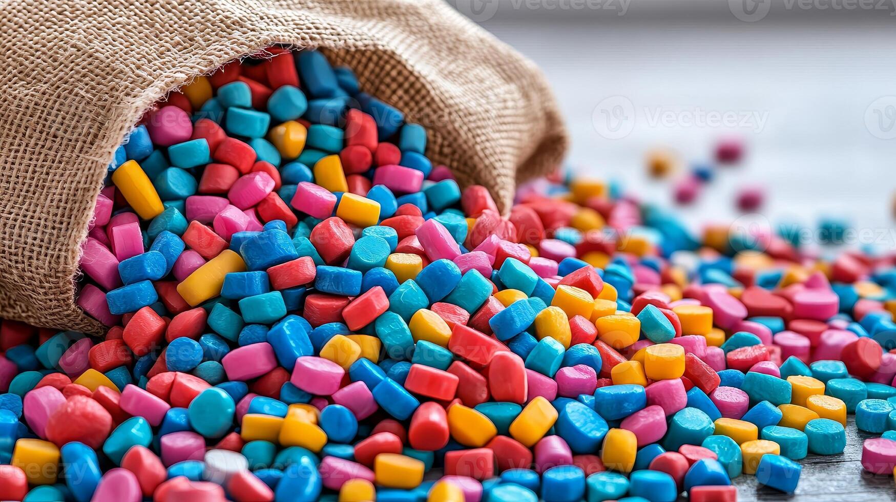 Manufacturing on raw material supply. Colorful candy pieces spilling from a burlap sack. photo