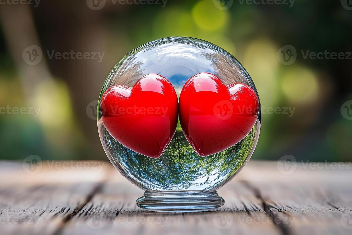 Valentine magical feelings. Two red hearts in a glass sphere on a wooden surface. photo
