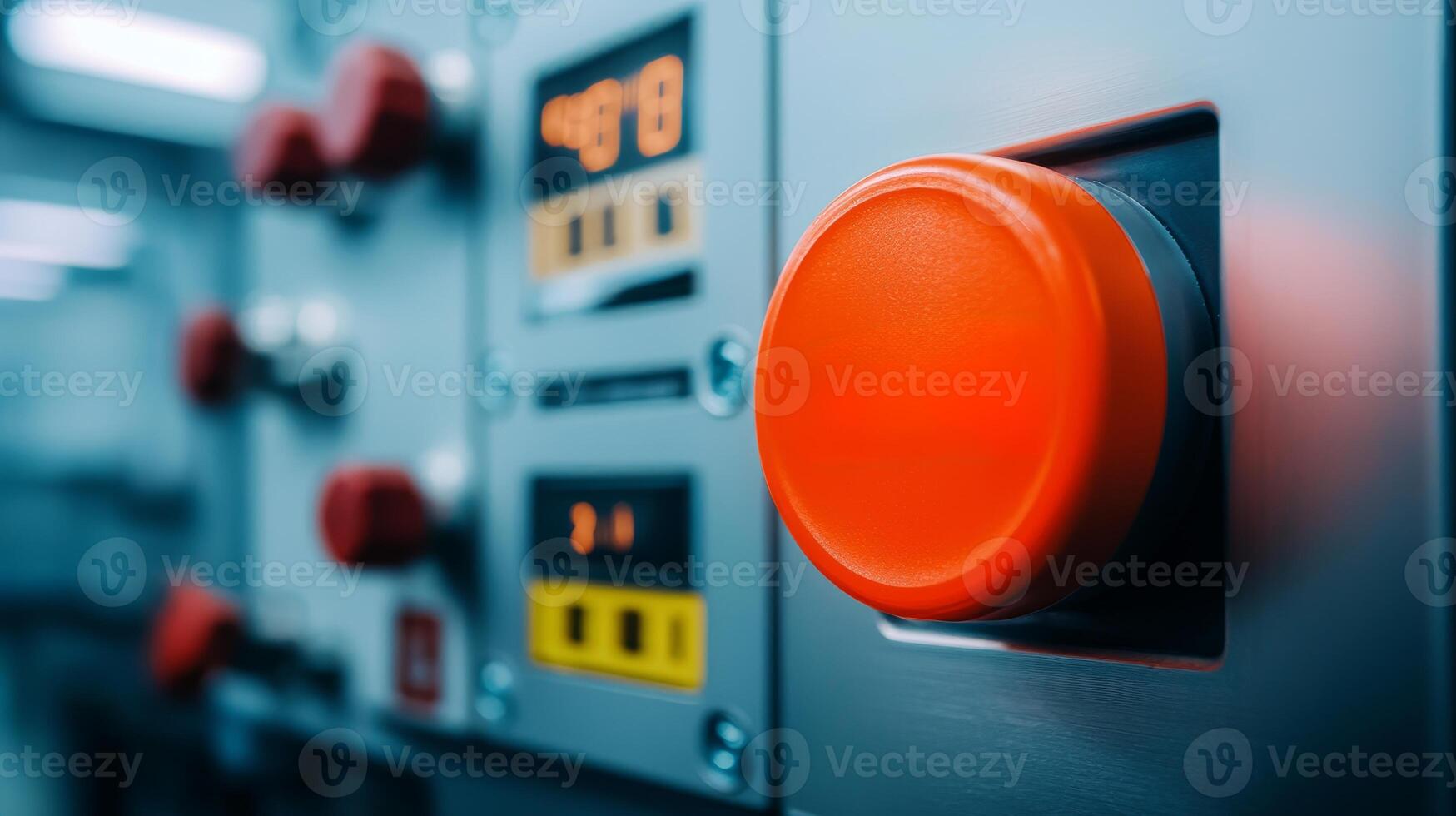 Safety guidelines for manufacturing. Control panel with an orange button and digital displays. photo