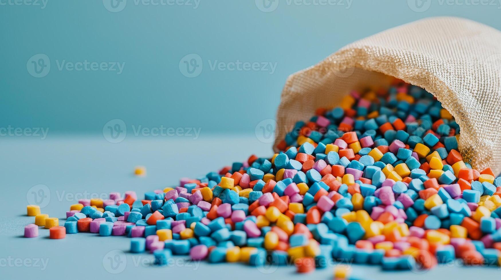 Manufacturing on raw material supply. Colorful pellets spilling from a fabric bag on a blue surface. photo