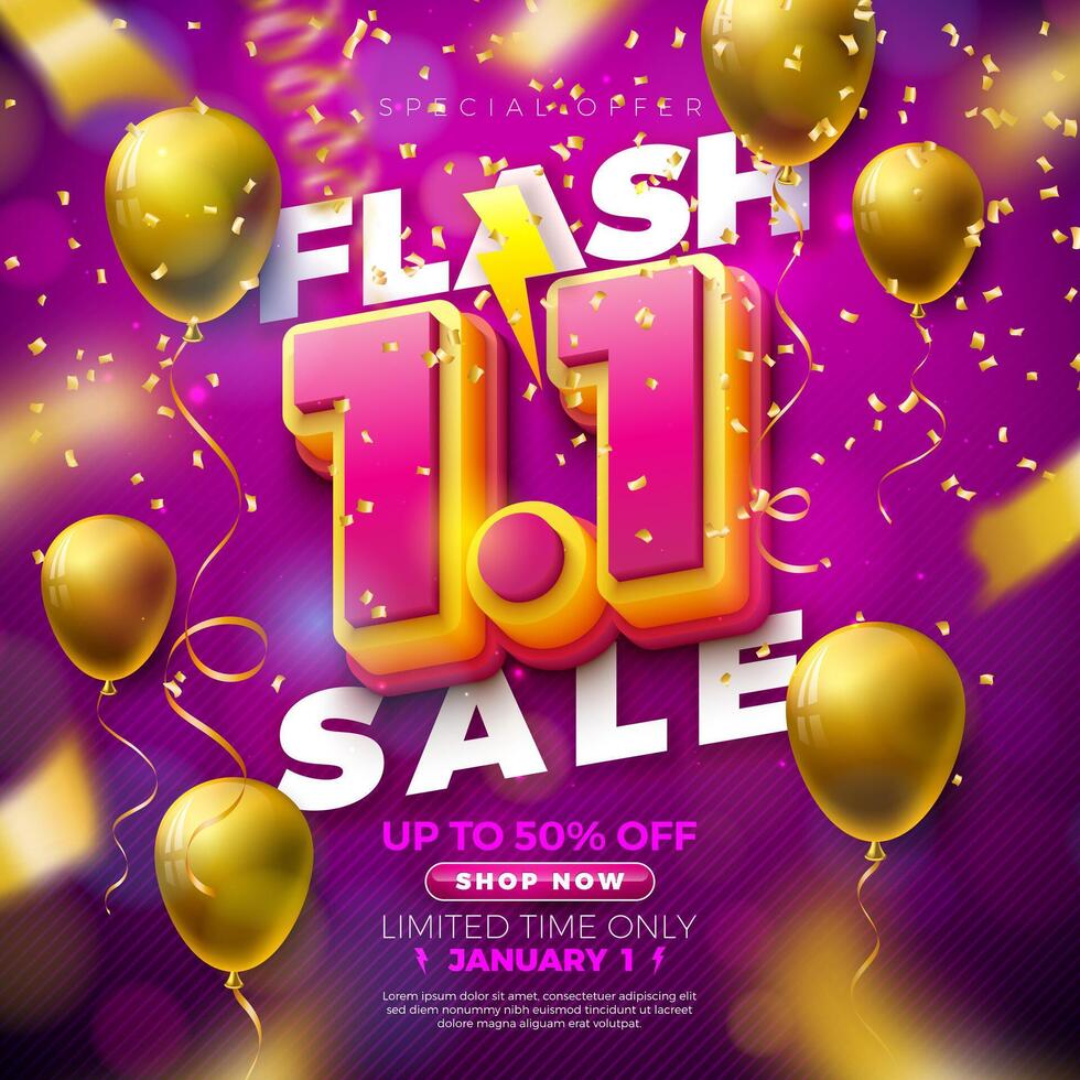 1 January Shopping Day Flash Sale Design with 3d 1.1 Number and Party Balloon on Violet Falling Confetti Background. Special Offer 50 Percent Off Campaign Discount Illustration for Coupon vector
