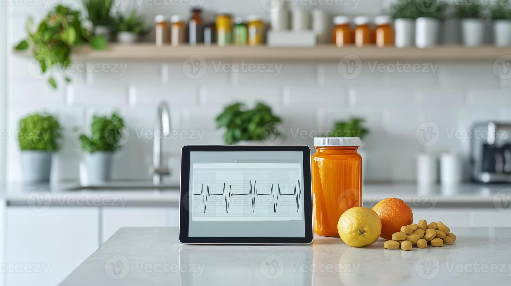 Telemedicine wellness and recovery in healthcare concept. Modern kitchen with tablet, fruits, and preserves on counter. photo