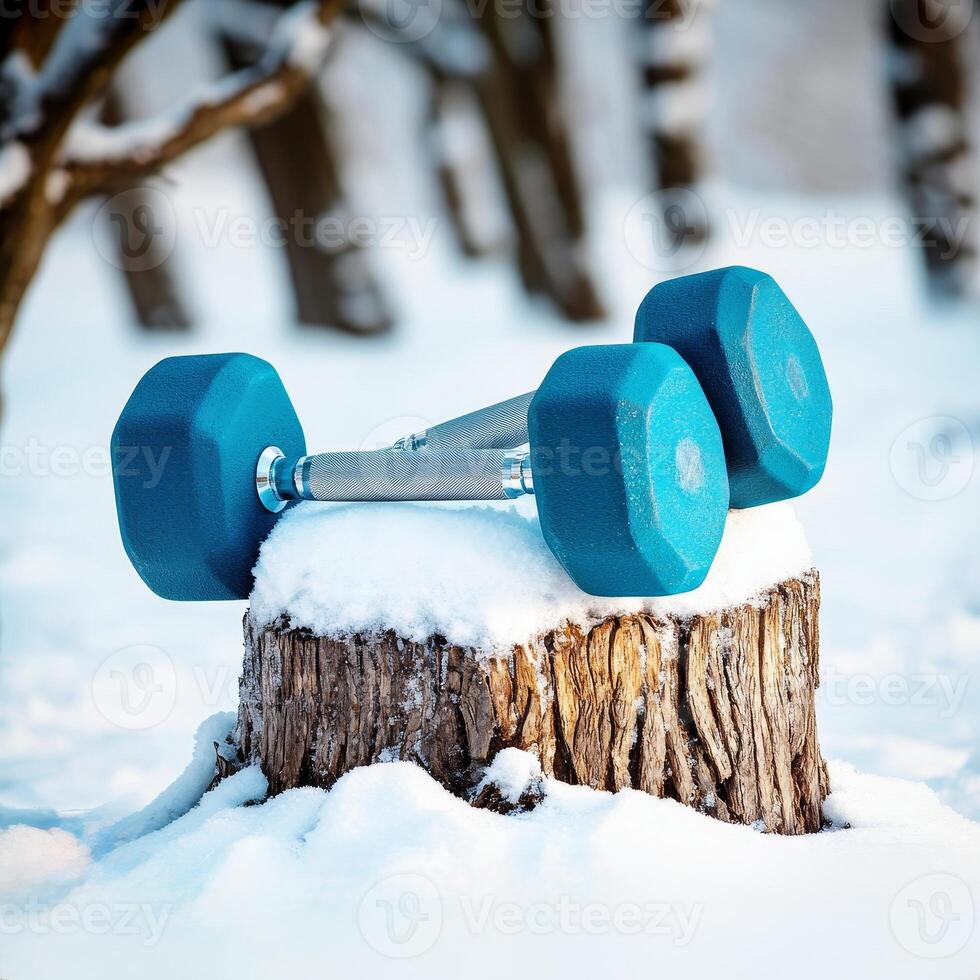 Winter fitness with a workout routine concept. Dumbbells on a snowy stump in a winter setting. photo