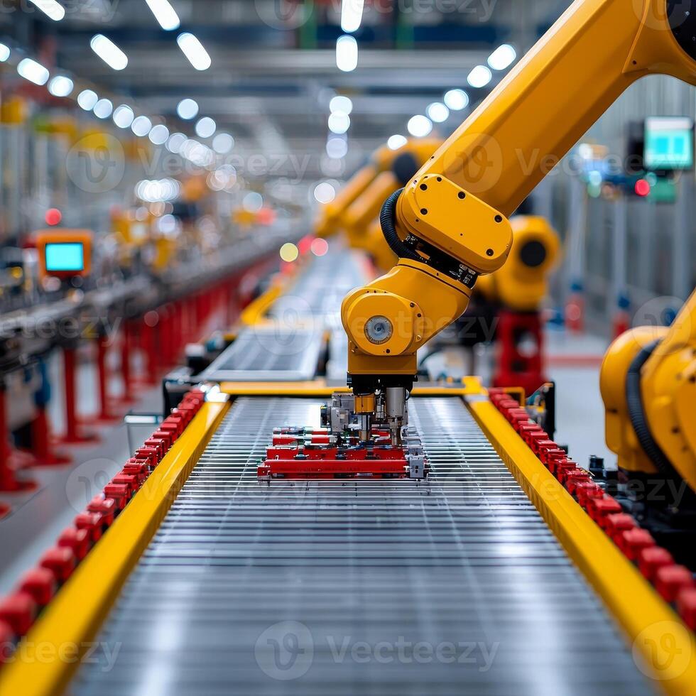 High-Tech Manufacturing Growth. Automated robotic arm in a modern factory setting. photo