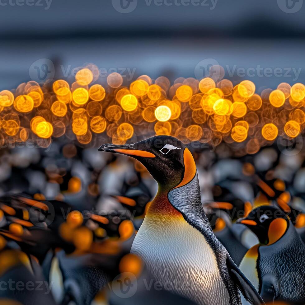 Penguins with glowing orange background in a captivating scene. photo