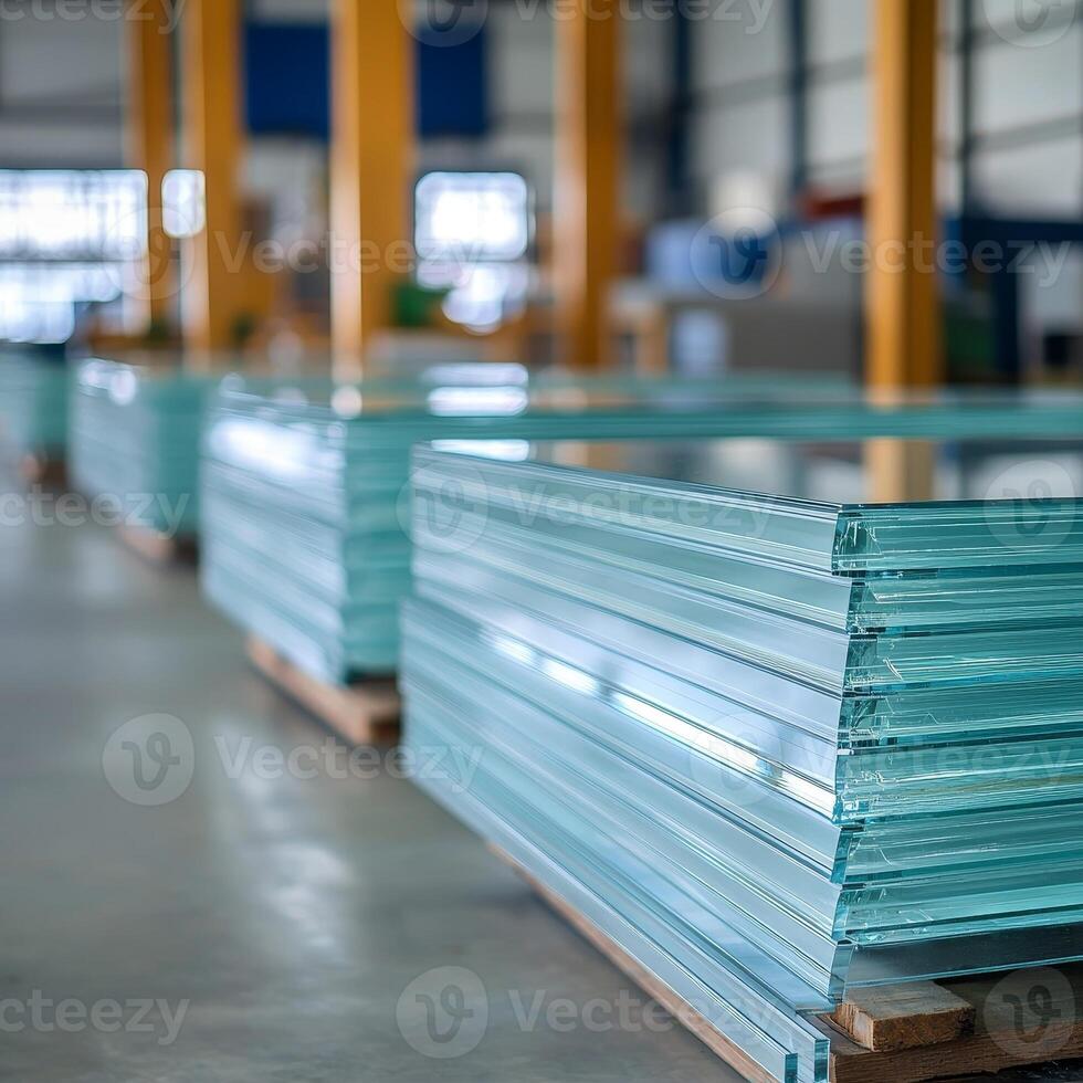 Manufacturing on raw material supply. Stacked glass sheets in a warehouse environment. photo