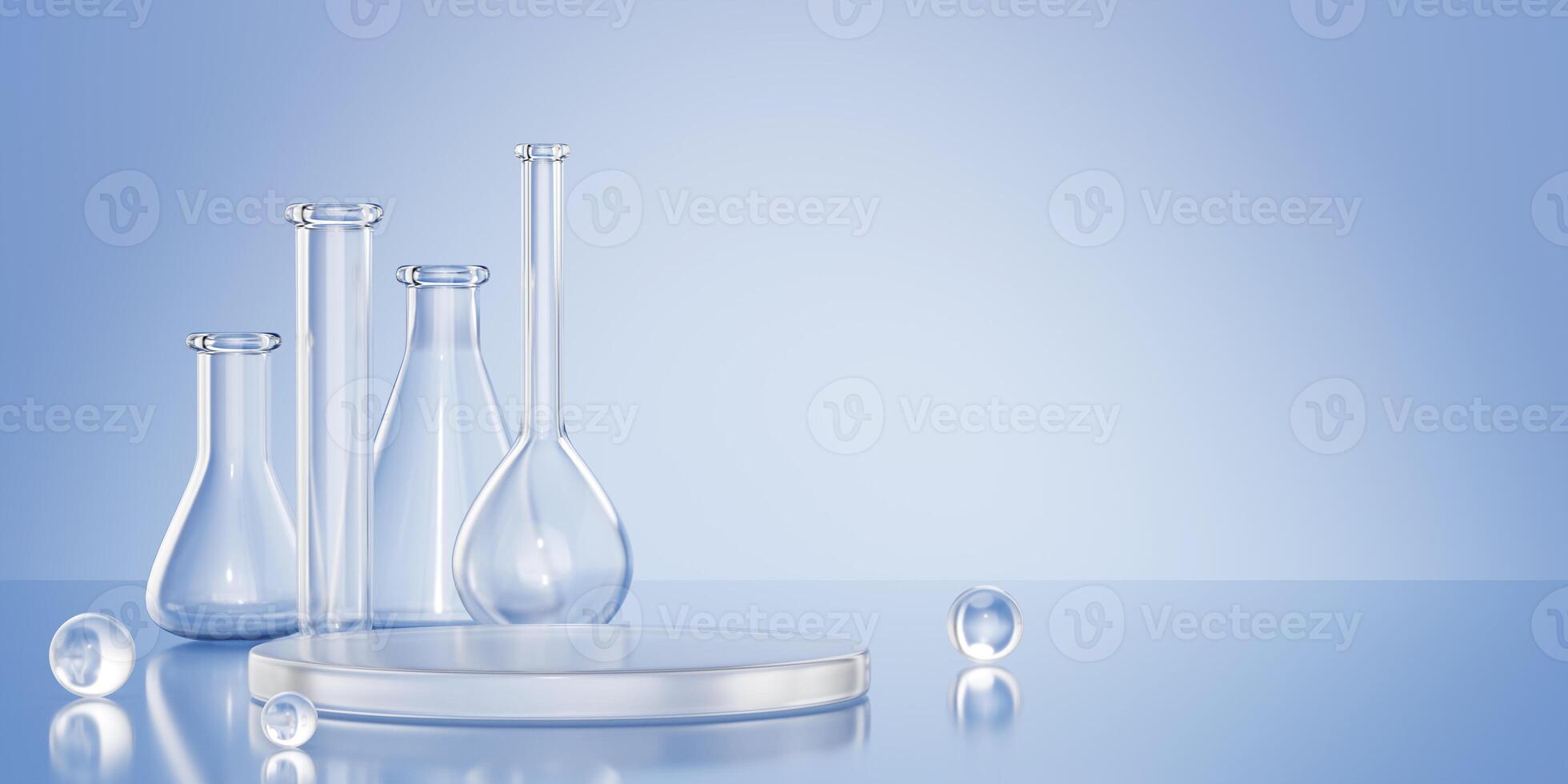 Laboratory glassware composition with transparent flask, test tube and glass podium in blue lab interior. 3d render photo