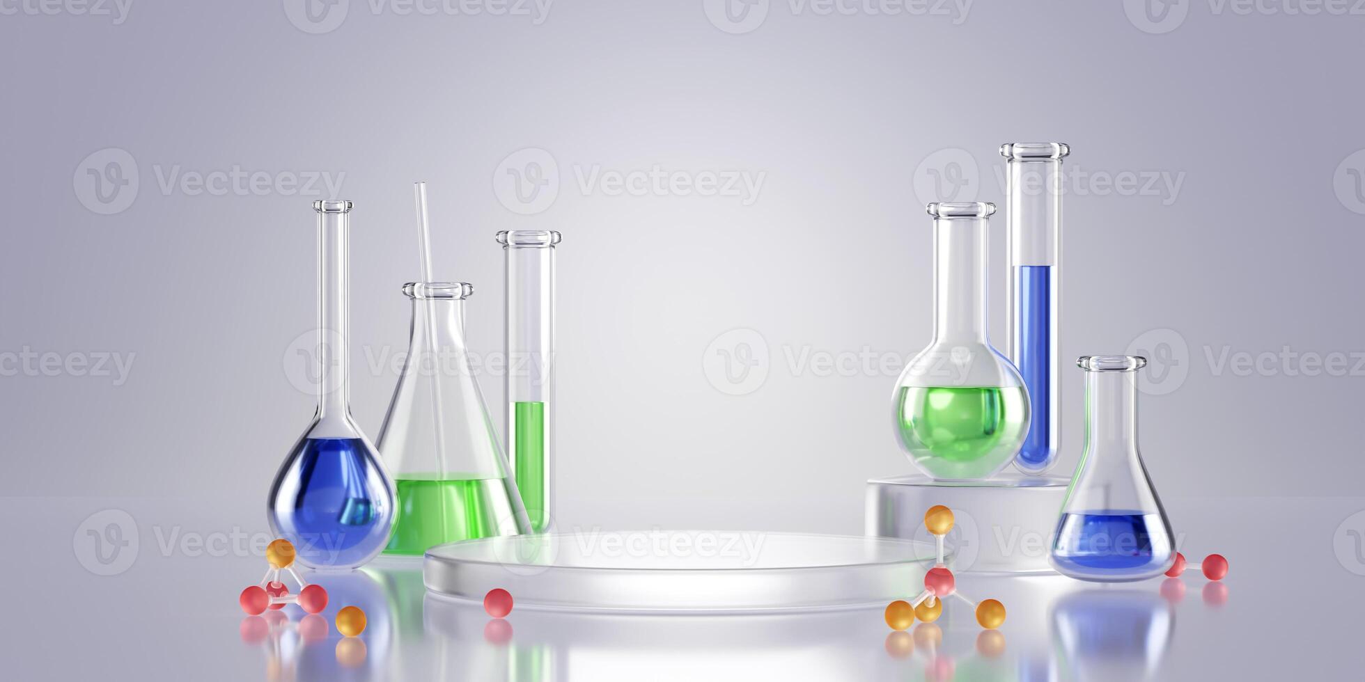 Lab glass composition with flasks containing blue, green liquids near cylindrical white podium platform 3d render photo