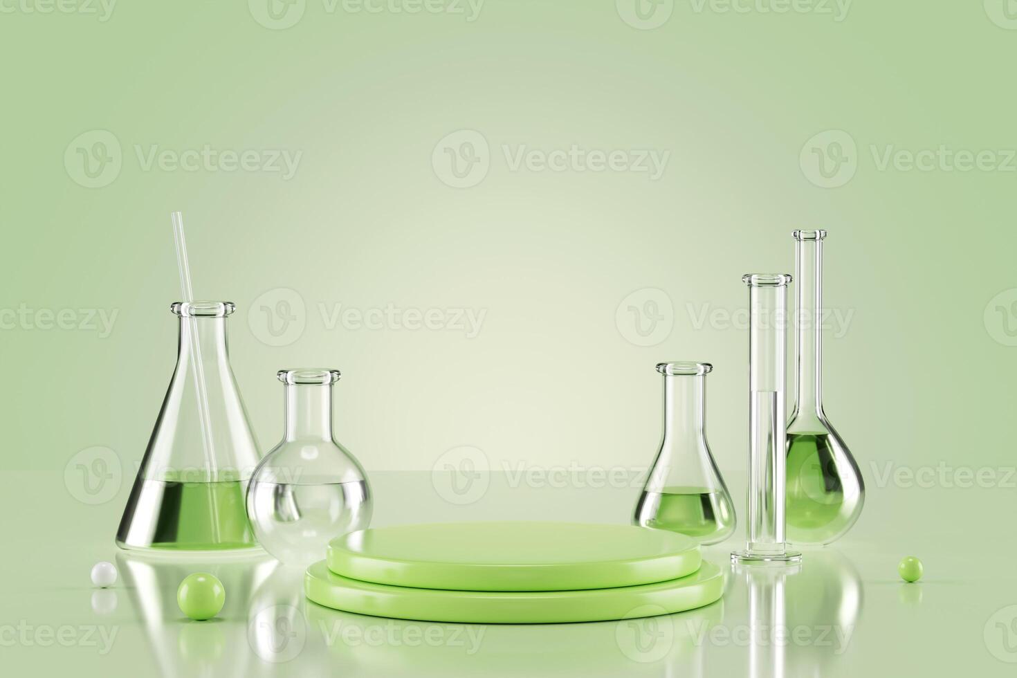Lab glass scientific equipment set with round green podium platform. 3d render mockup photo