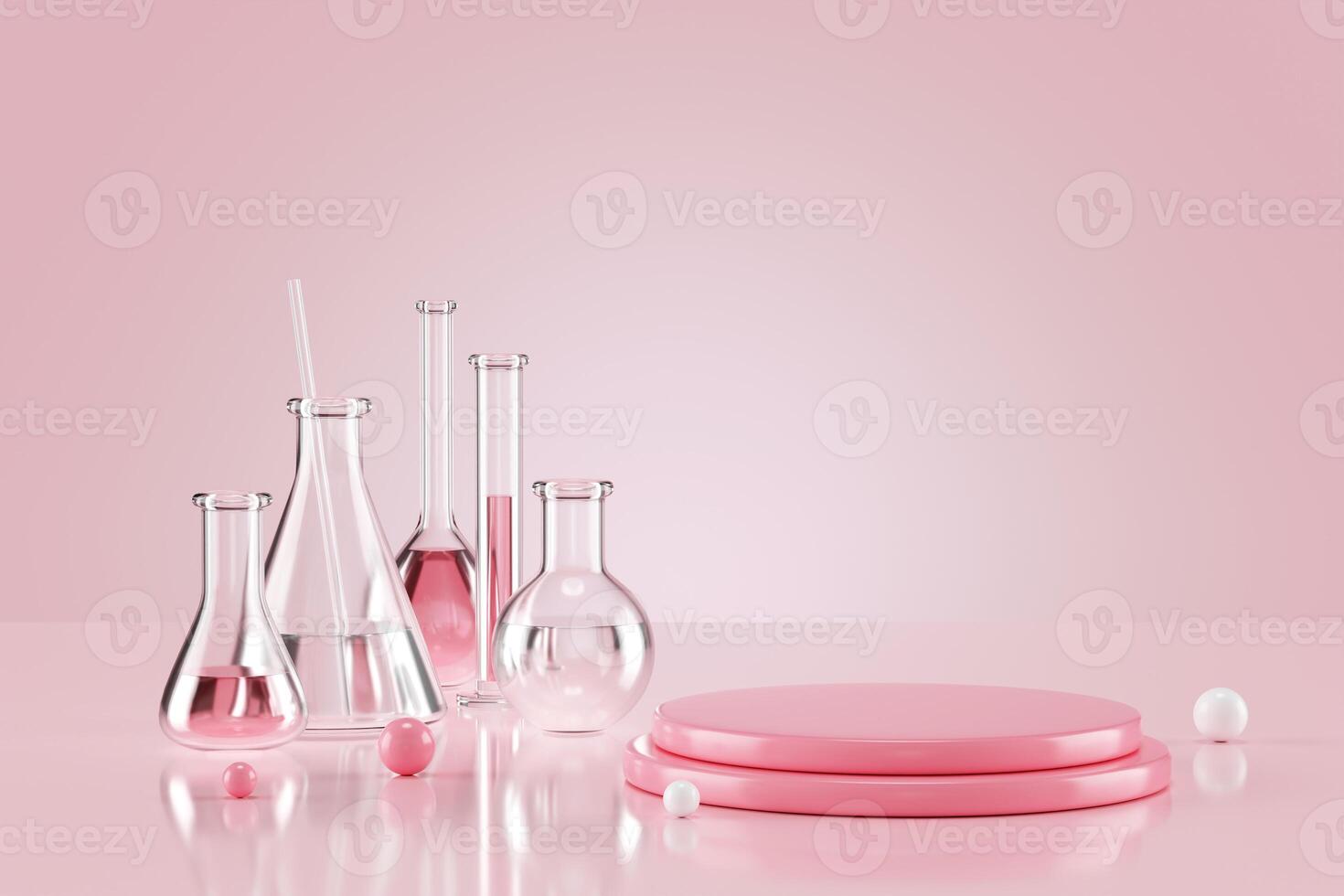 3D lab glass composition with beakers, flasks with transparent liquid on pink podium background. photo