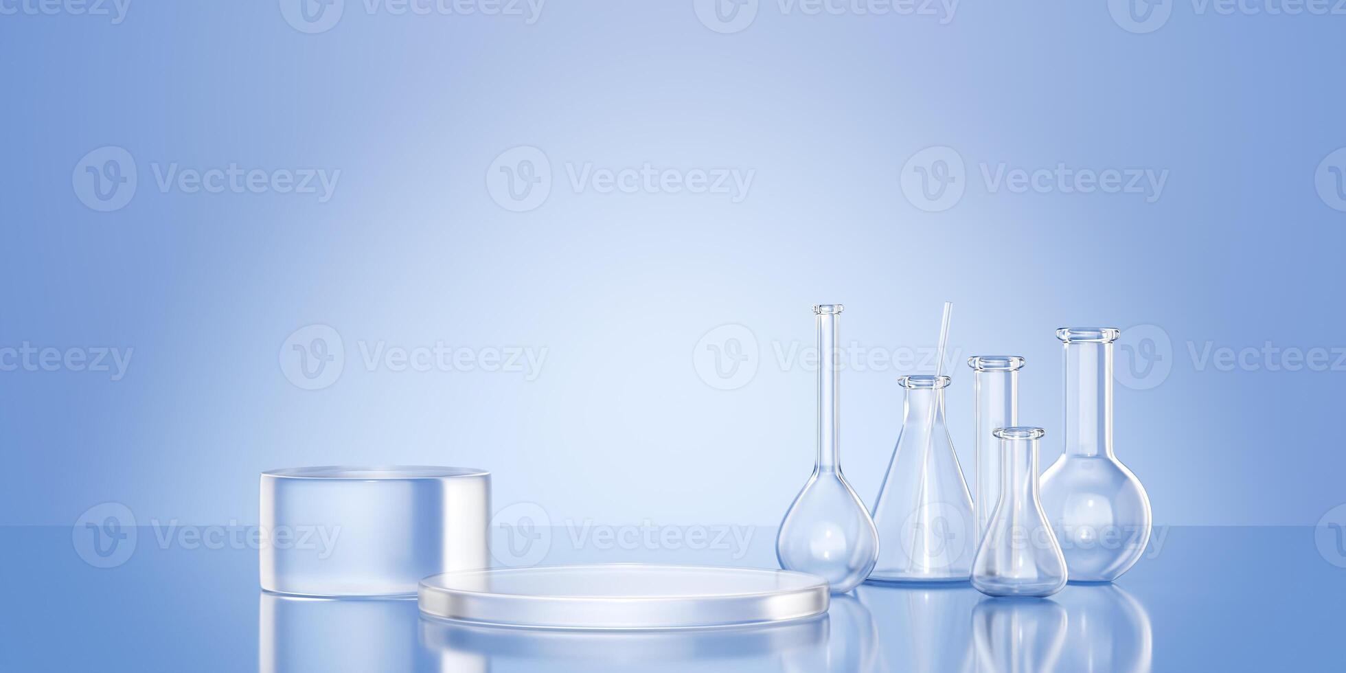Lab glass research equipment with empty flasks, test tubes near transparent podium displays. 3d render mockup photo