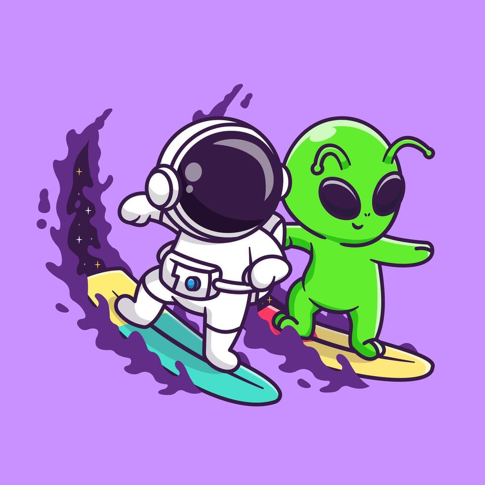 Cute Astronaut And Alien Surfing In Space Together Cartoon vector