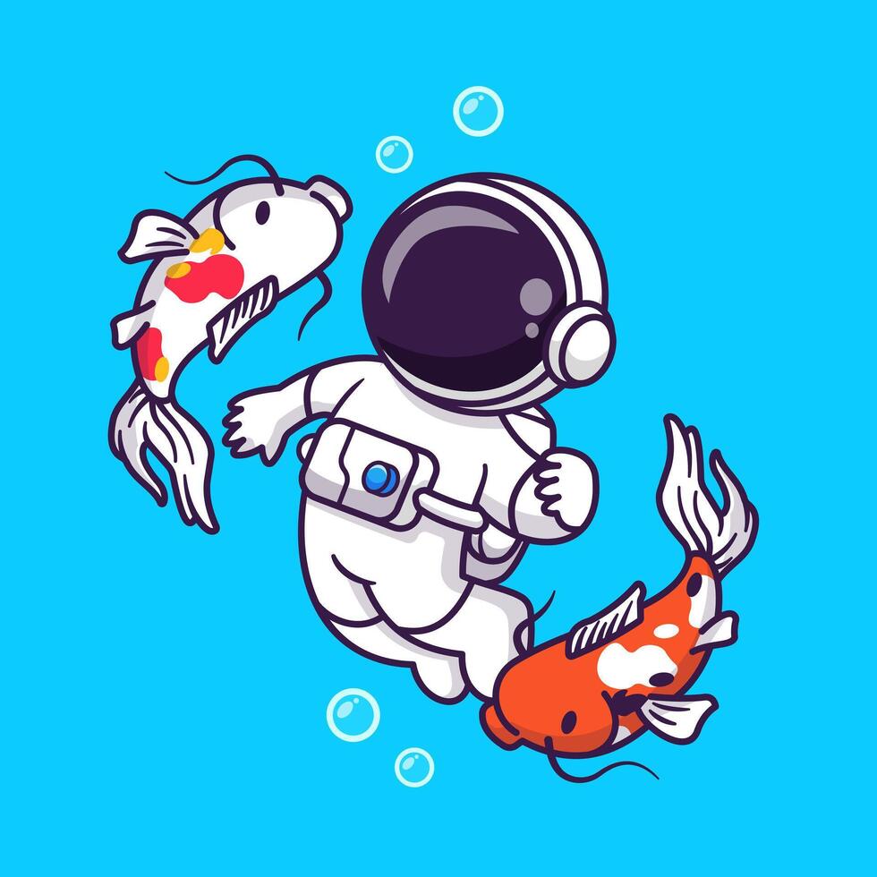 Cute Astronaut Swimming With Koi Fish Cartoon vector