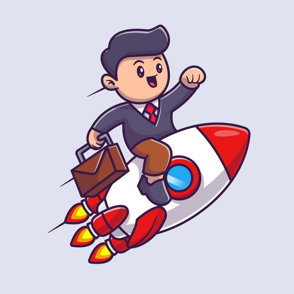Cute Business Man Riding Rocket With Suitcase Cartoon vector