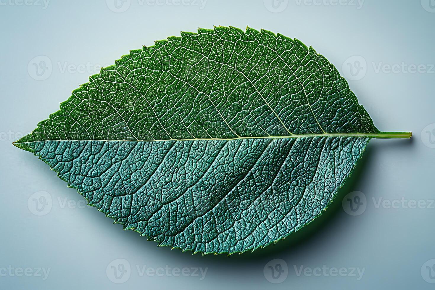 A leaf is shown in its natural form, with a blue tint photo