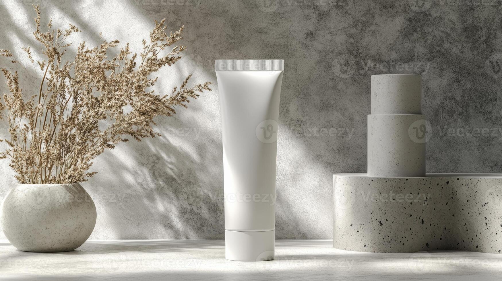 Mockup template of cosmetic tube cream 50ml on gray concrete stone background minimalist with dried flowers. Natural hard lighting and shadows photo