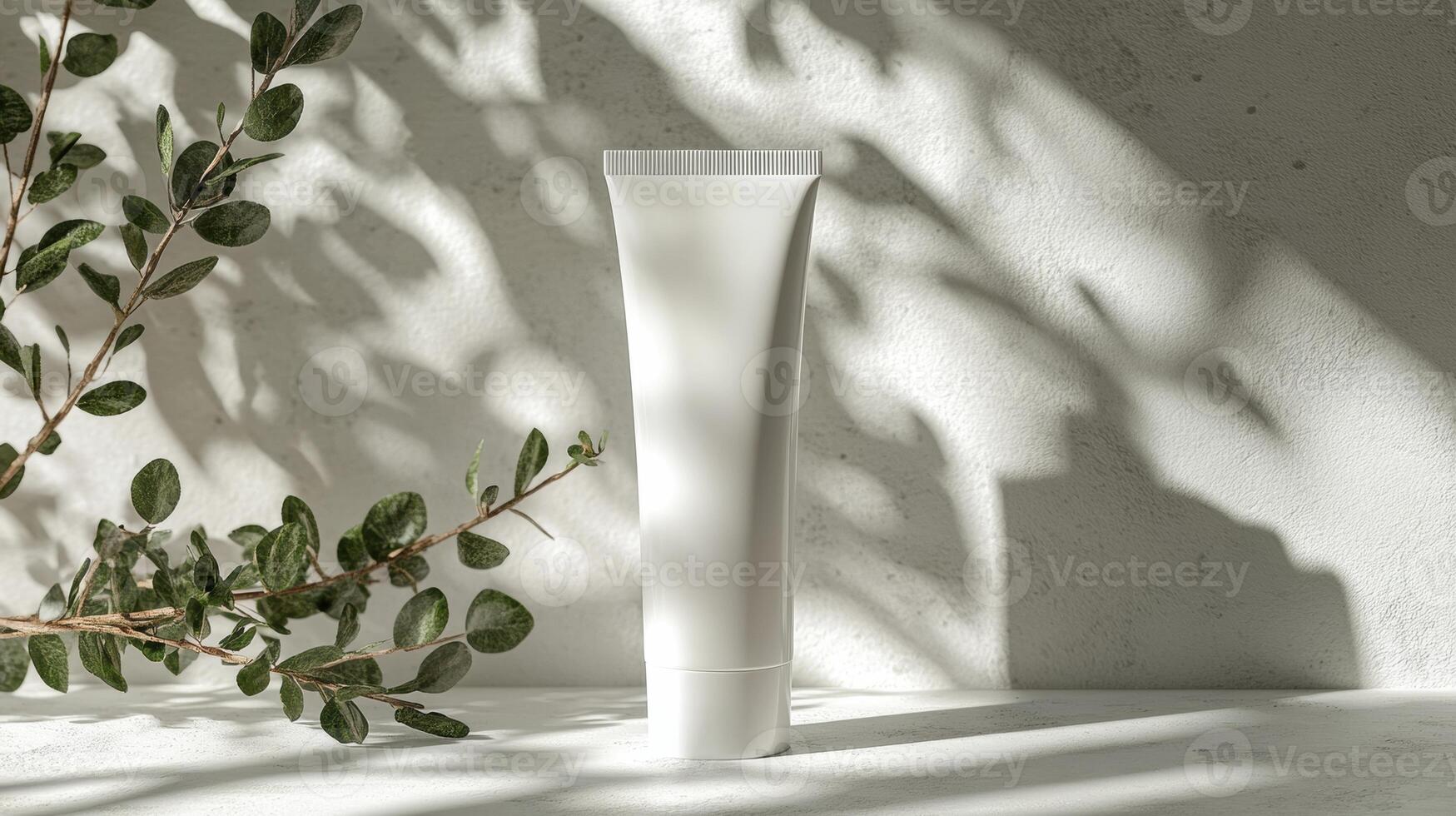 Mockup template of cosmetic tube cream 50ml on gray concrete stone background minimalist with green leaves. Natural hard lighting and shadows photo