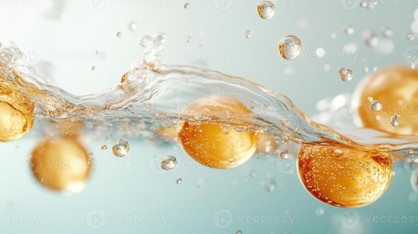 Abstract background of oil drops floating in water macro shot forming a yellow pattern. Cosmetics photo