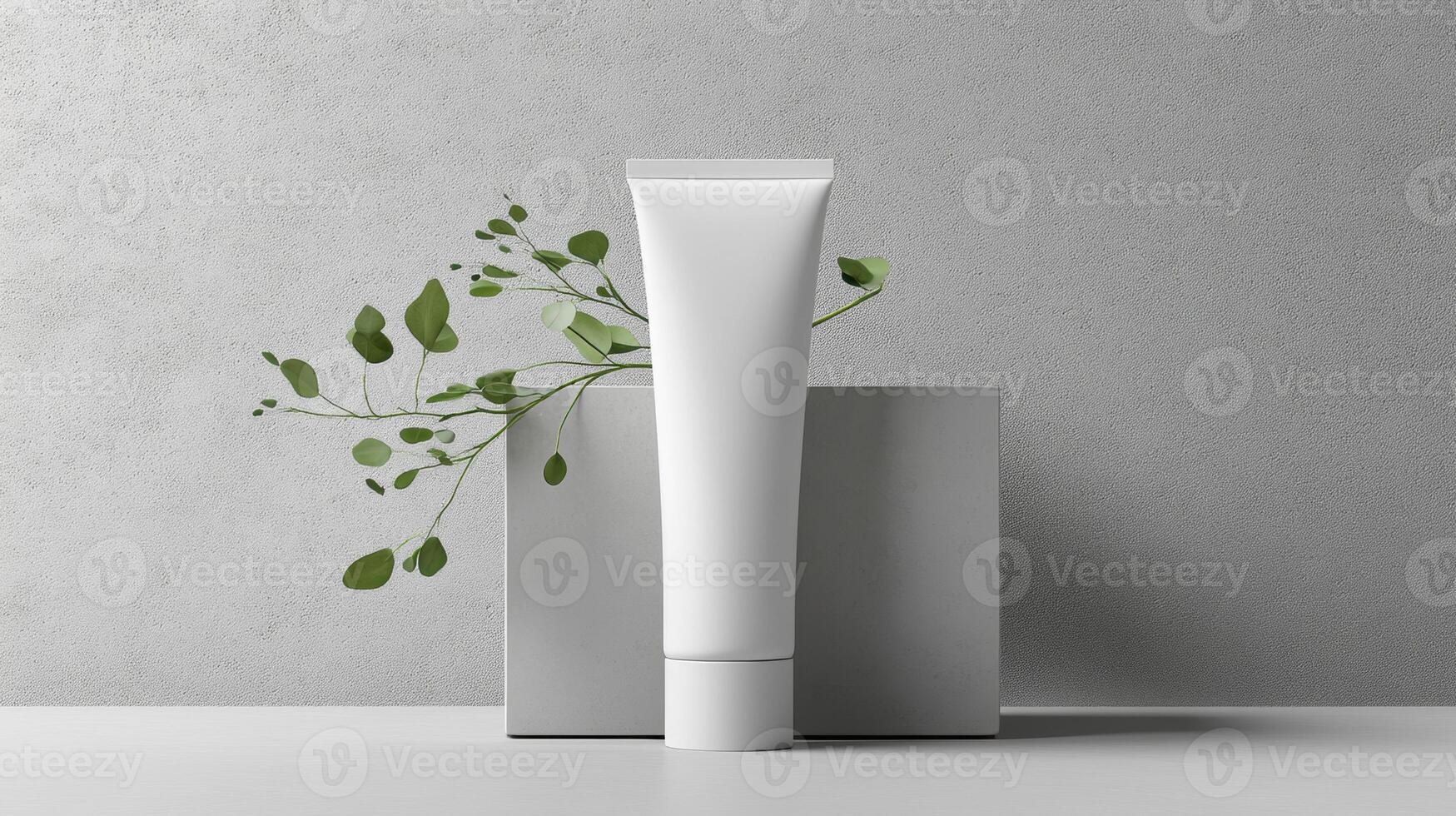 Mockup of cosmetic tube cream 50ml on concrete stone stand on gray background minimalist with green leaves. No branding, label template. Natural hard lighting and shadows photo