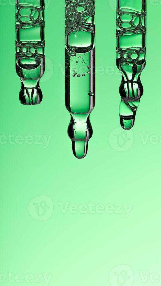 Pipette serum drop with niacinamide, hyaluronic or Aha Bha acids on a green isolated background photo