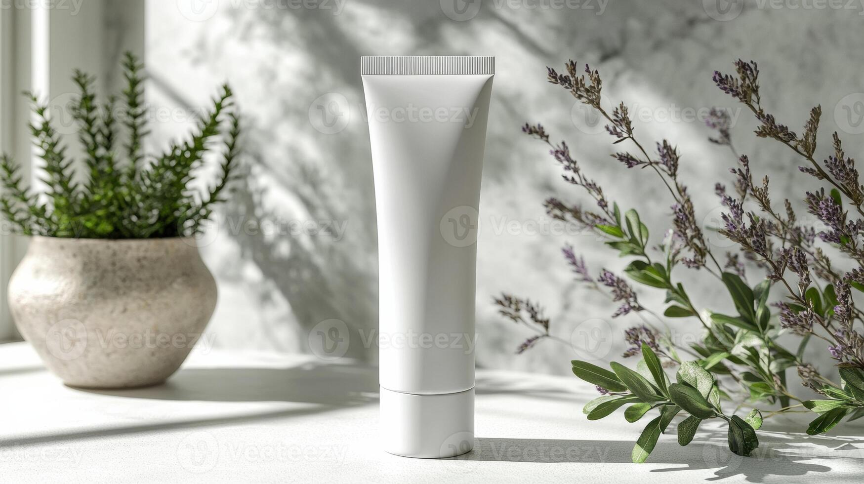 Mockup template of cosmetic tube cream 50ml on gray concrete stone background minimalist with green leaves. Natural hard lighting and shadows photo