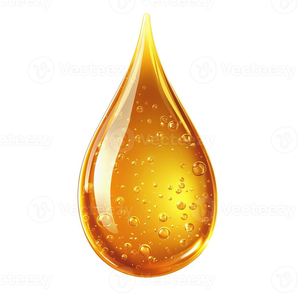 Drop of yellow oil swatch texture in petri dish macro with bubbles, cosmetics for face and body, science, laboratory isolated on white background photo