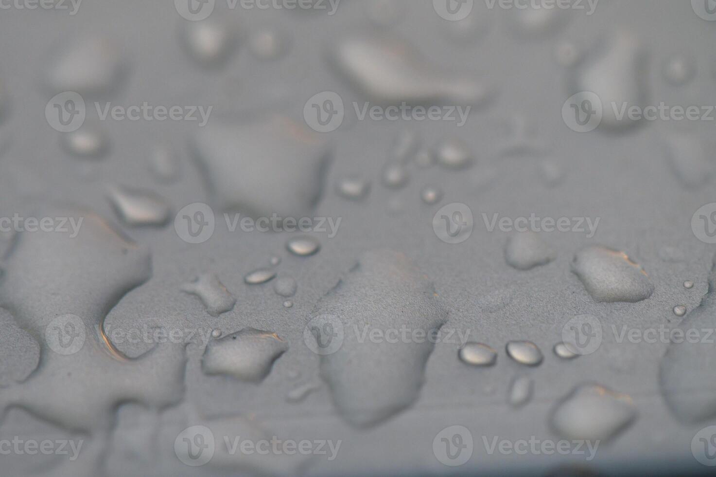 Water droplets glisten on a smooth surface reflecting soft light at dusk near a serene body of water photo
