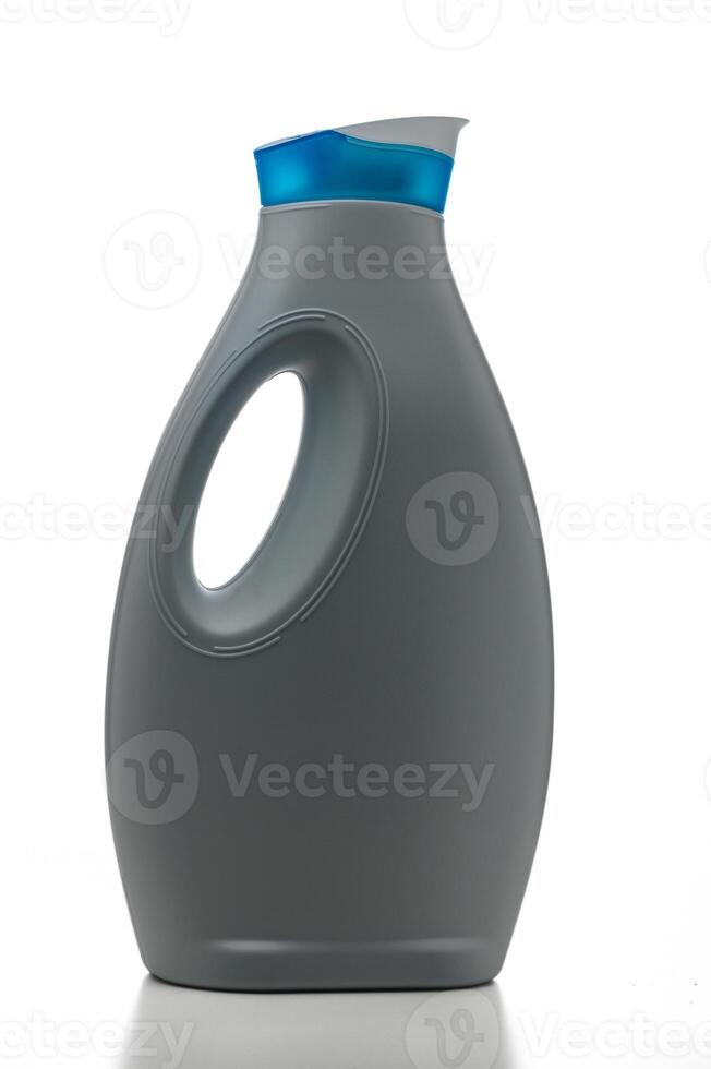 Modern laundry detergent bottle with a sleek gray design in a minimalist setting photo