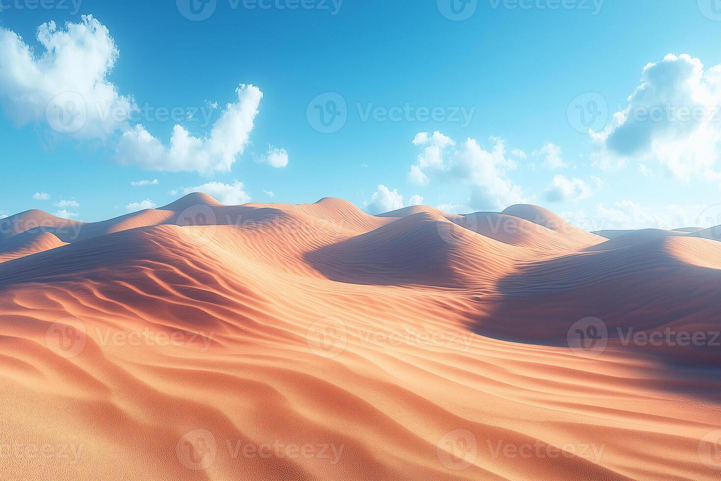 Endless golden dunes stretch beneath a brilliant azure sky illuminated by fluffy clouds. photo