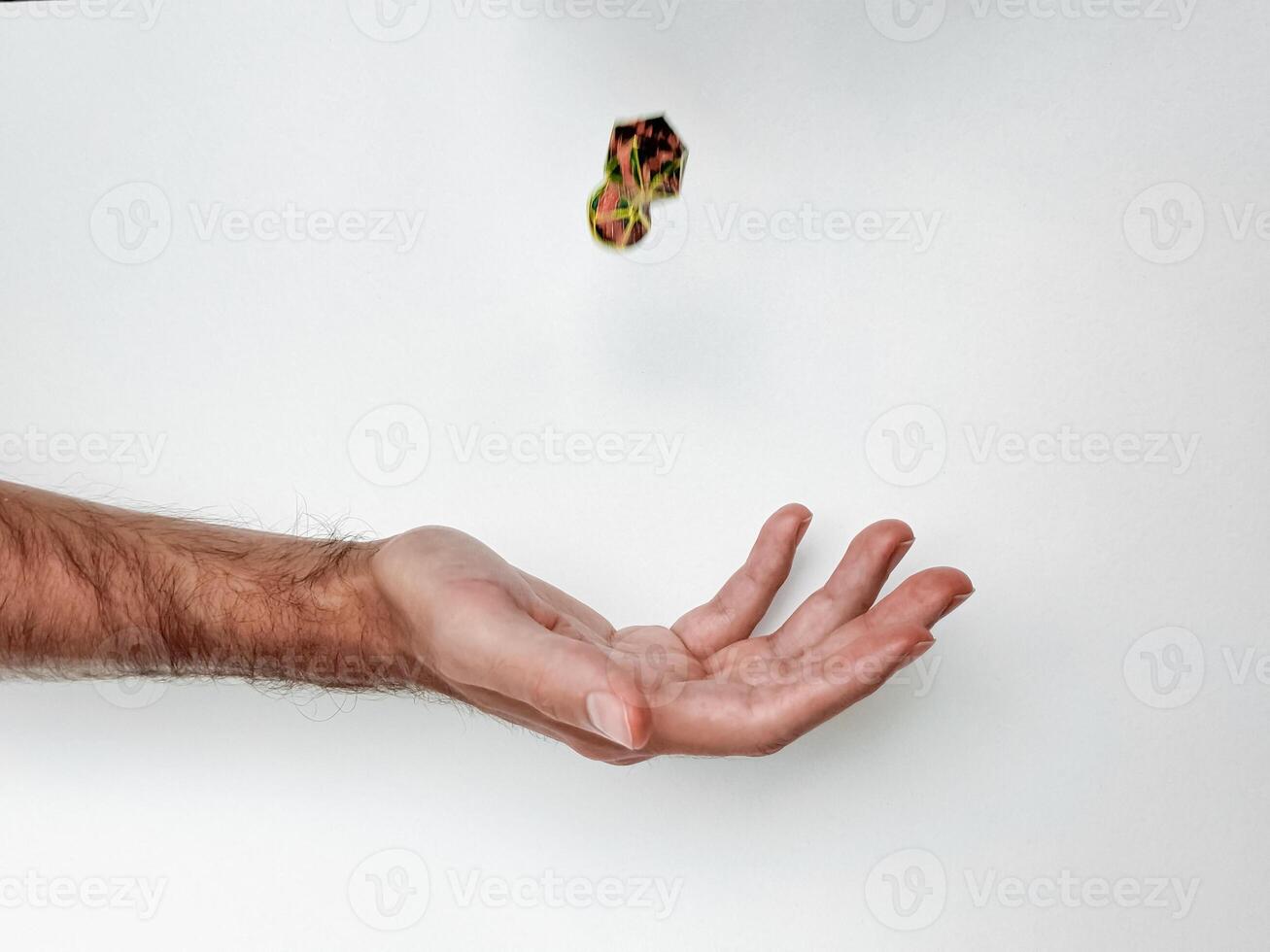 Hand tossing colorful dice against white background capturing motion photo