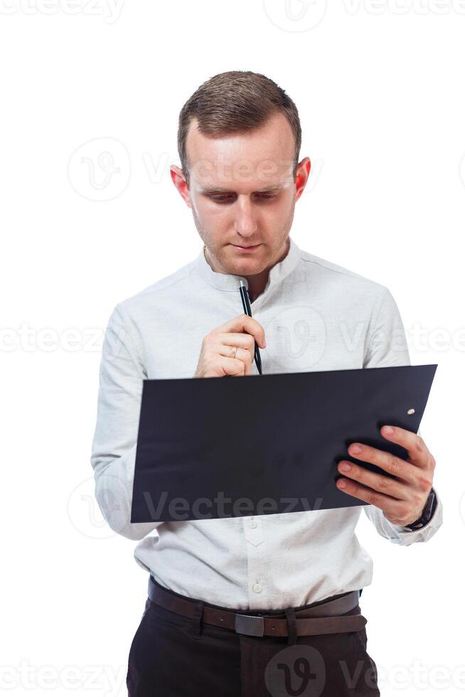 man businessman, a teacher, a mentor, study and sign documents a new Business Projects. Isolated on white background photo