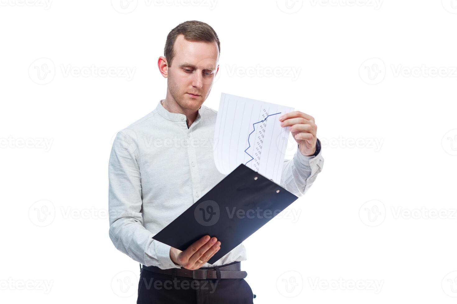 man businessman, a teacher, a mentor, study and sign documents a new Business Projects. Isolated on white background photo