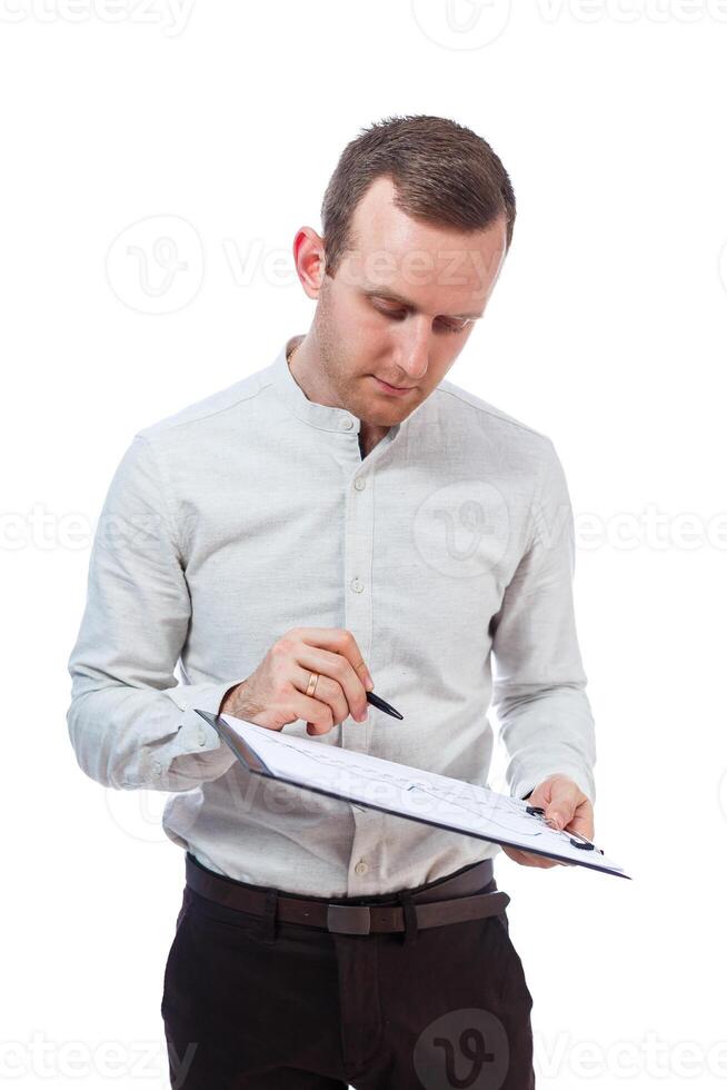 man businessman, a teacher, a mentor, study and sign documents a new Business Projects. Isolated on white background photo