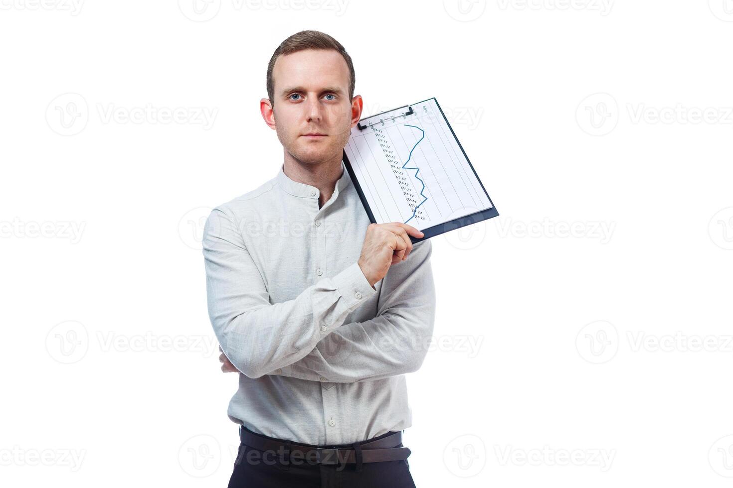 man businessman, a teacher, a mentor, study and sign documents a new Business Projects. Isolated on white background photo